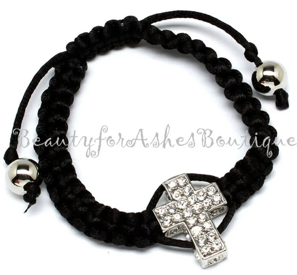 Black Macrame Clear Crystal Cross Adjustable Bracelet